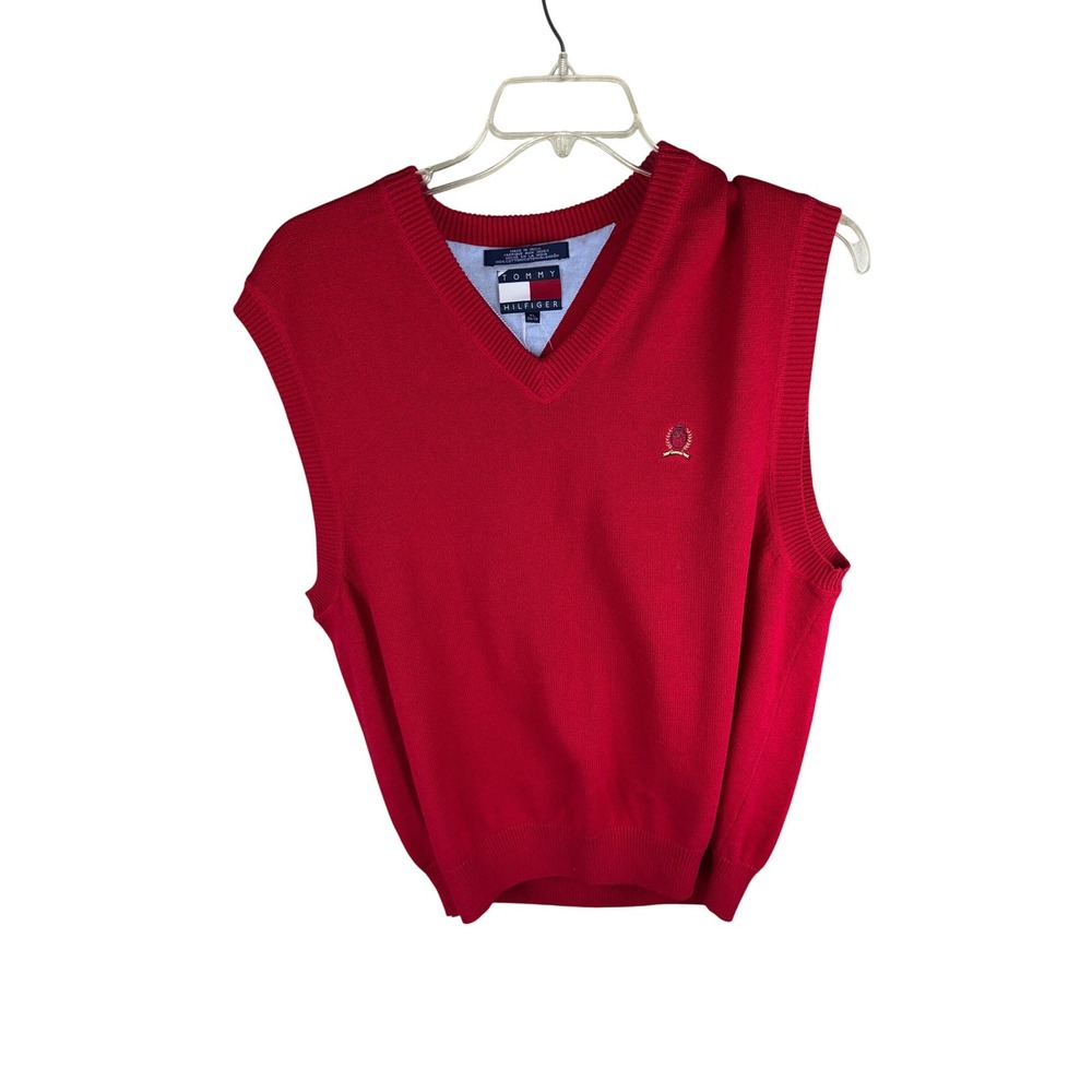 NEW Tommy Hilfiger Mens Red‎ V-Neck Sweater Vest 100% Cotton Crest Logo Size XL